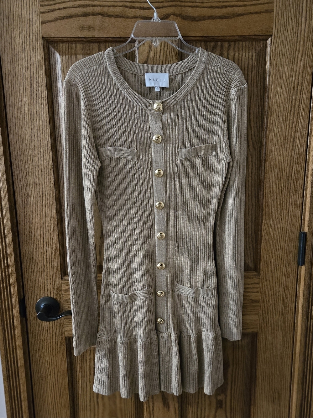 MARBLE Ribbed Knit Mini Dress in Beige with Gold Buttons And It Sparkles